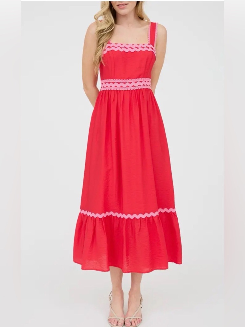 Blu Pepper Red Maxi Dress with Pink Rickrack Trim